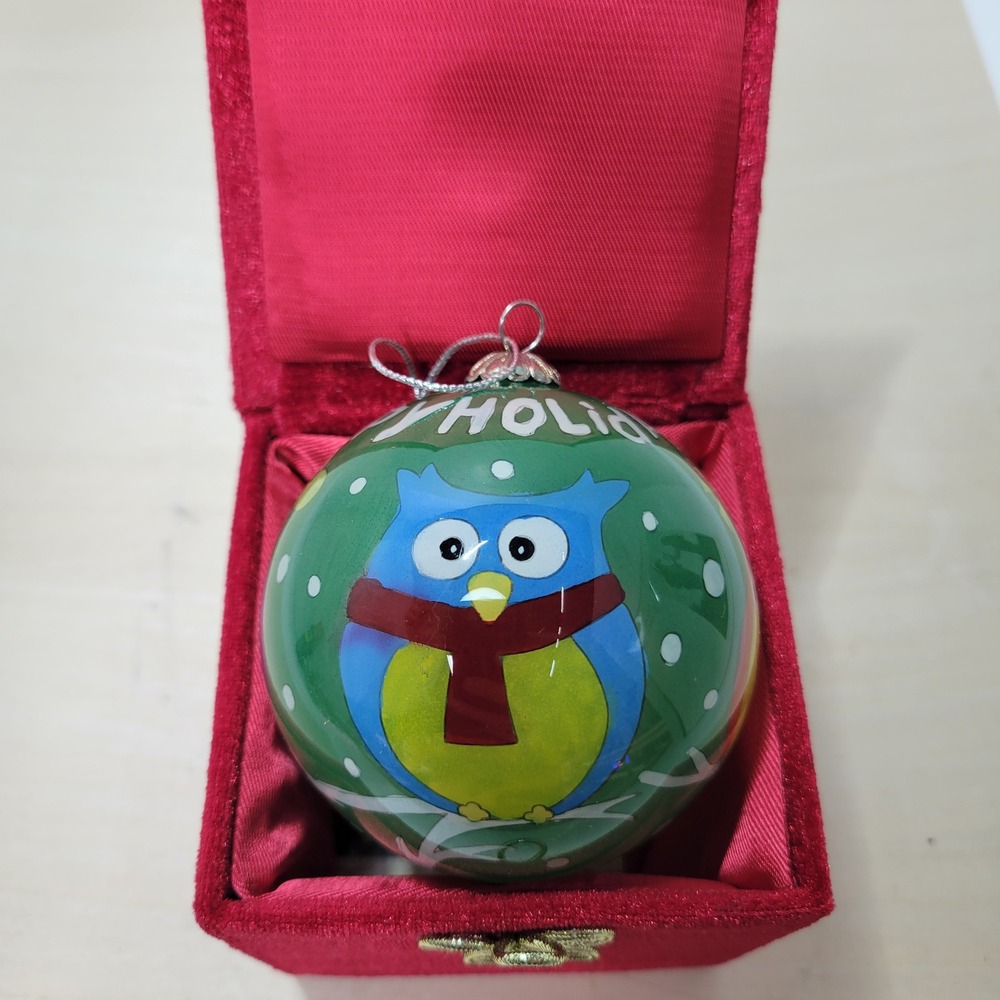 Li Bien Chinese Ornament Glass Ball‎ Owl Hand Painted Christmas Holiday 2012